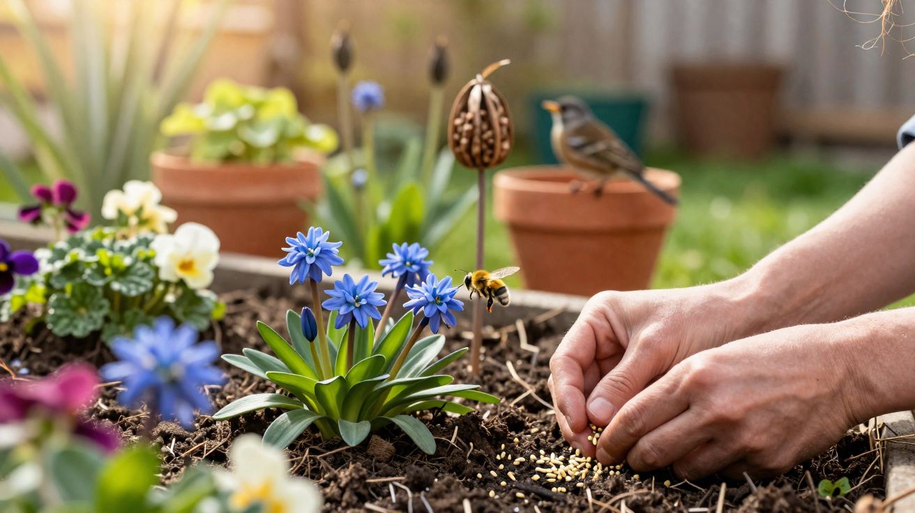 Hands planting seeds in a flower bed with blue flowers, a bee in mid-flight, and potted plants in the background.