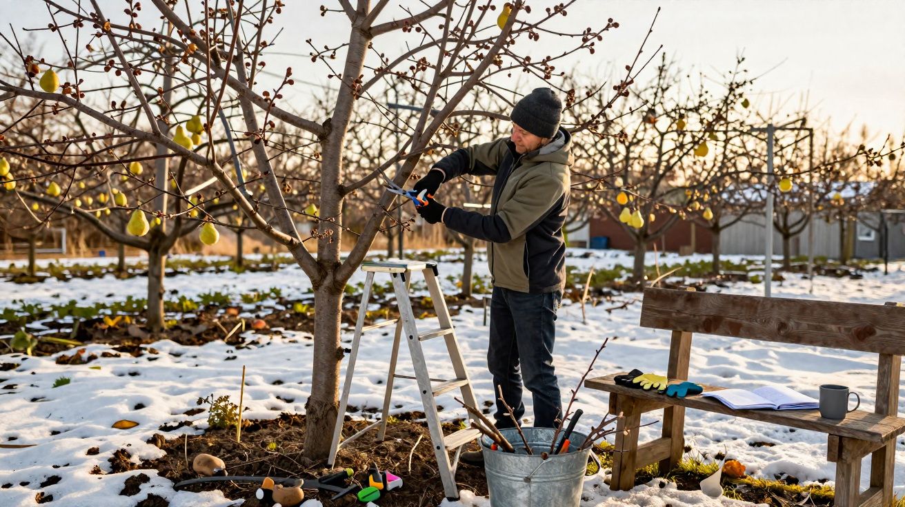Person pruning pear tree branches in snowy orchard during winter, with tools and bench nearby.