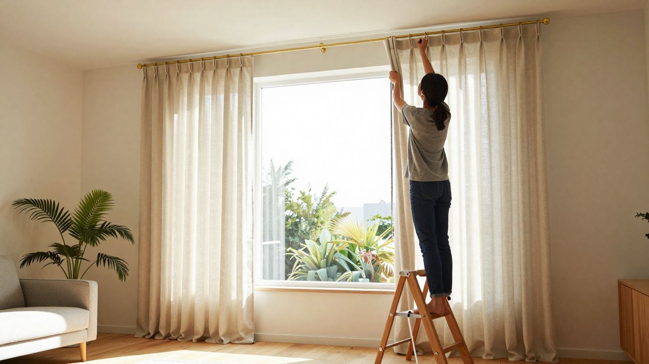 Person standing on a wooden step ladder adjusting beige curtains in a bright living room with plants.
