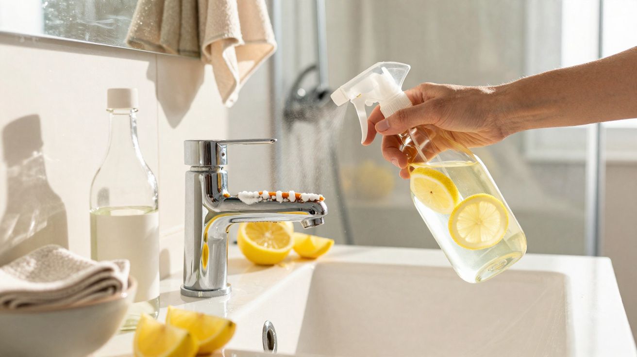 Hand spraying natural lemon-infused cleaner on bathroom sink tap and countertop with lemon slices nearby.