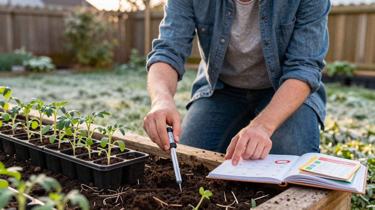 Person checking soil with a digital meter in a raised garden bed next to seedling trays and an open gardening notebook.