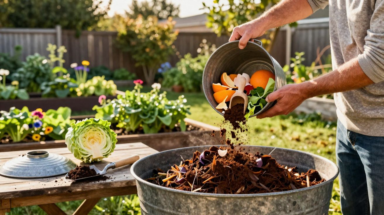 Person emptying kitchen scraps into a compost bin in a sunny garden with plants and flowers.