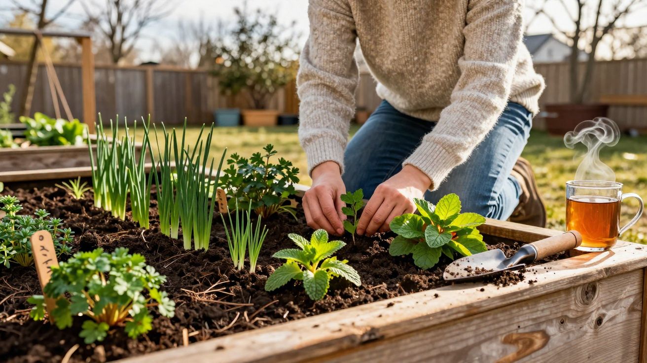 Person planting herbs in a raised garden bed with steaming tea beside a small gardening trowel.