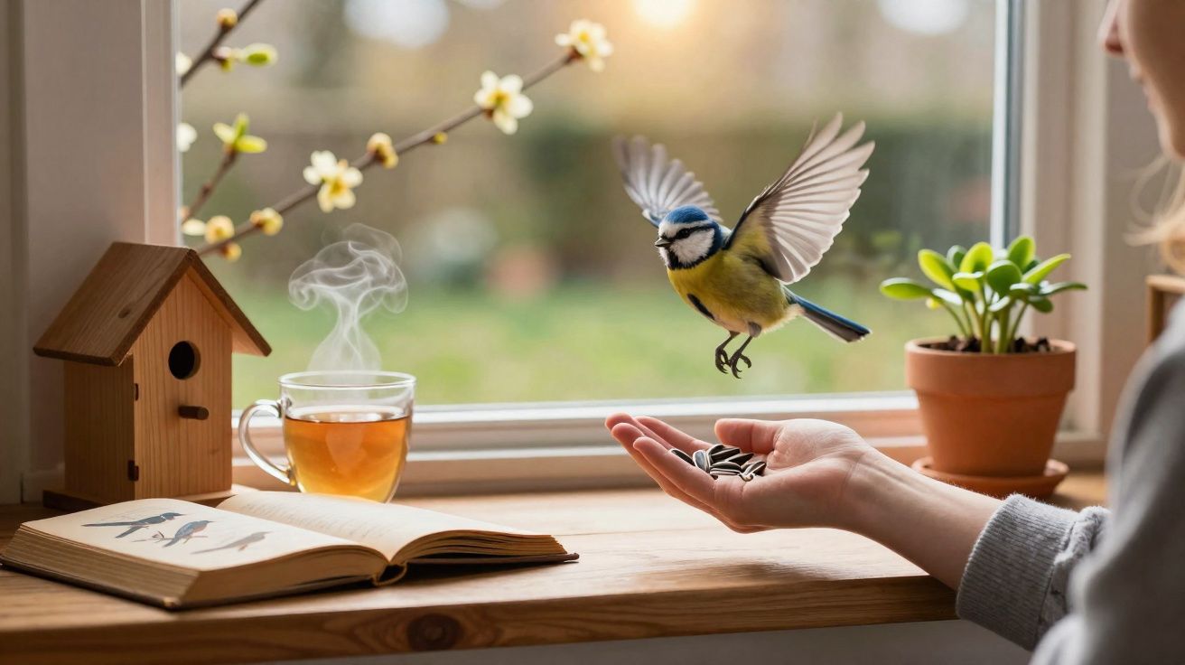 Blue tit bird flying to a hand holding seeds by a window with a birdhouse, steaming cup, book, and plant.