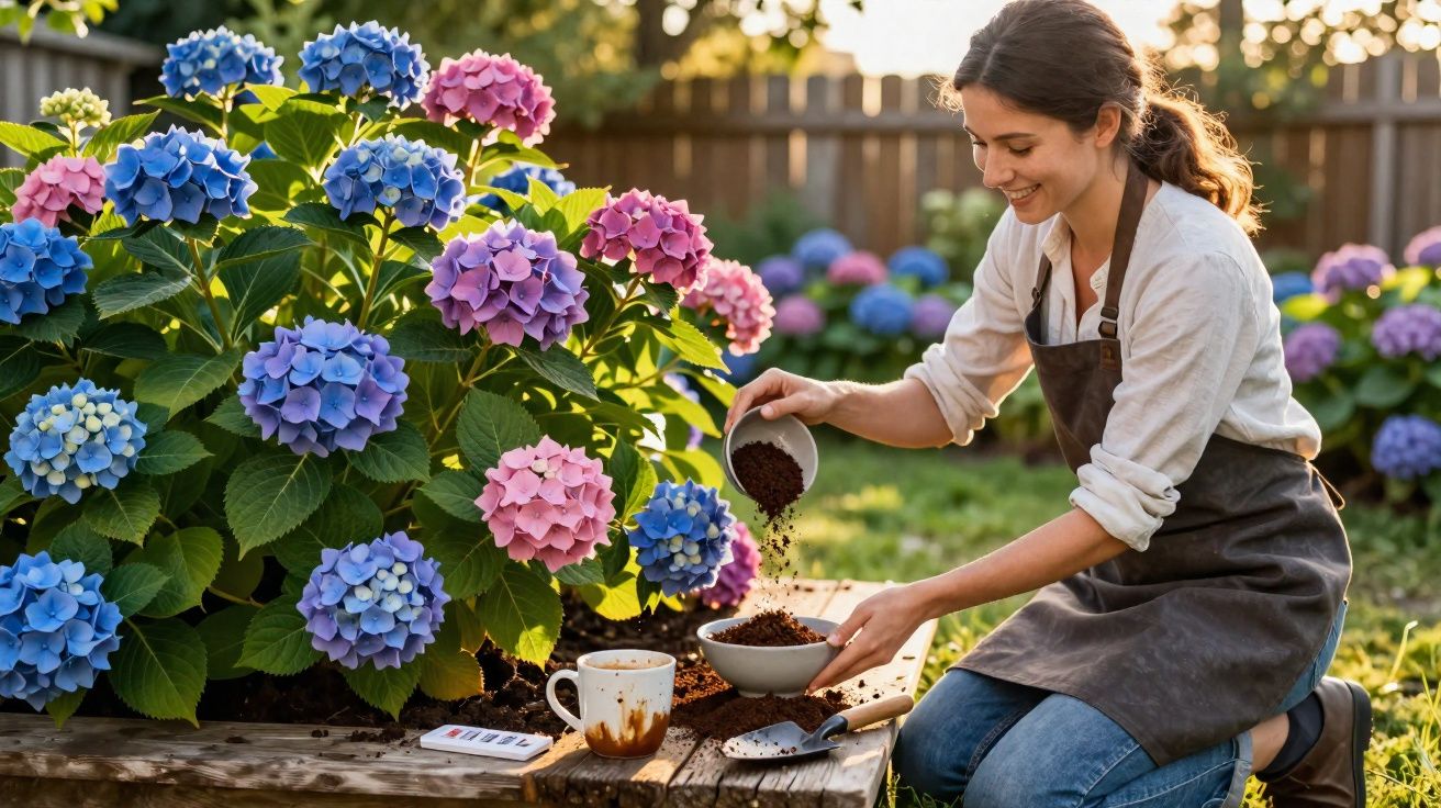 Woman in apron kneeling in garden, potting soil into a bowl beside colourful hydrangea flowers in late afternoon light.