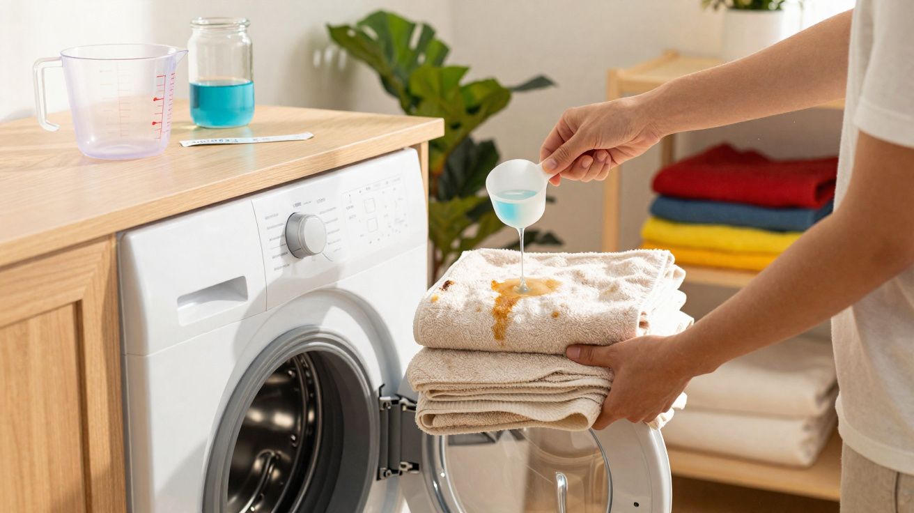 Person pouring liquid detergent onto a stained cream towel in front of a washing machine.