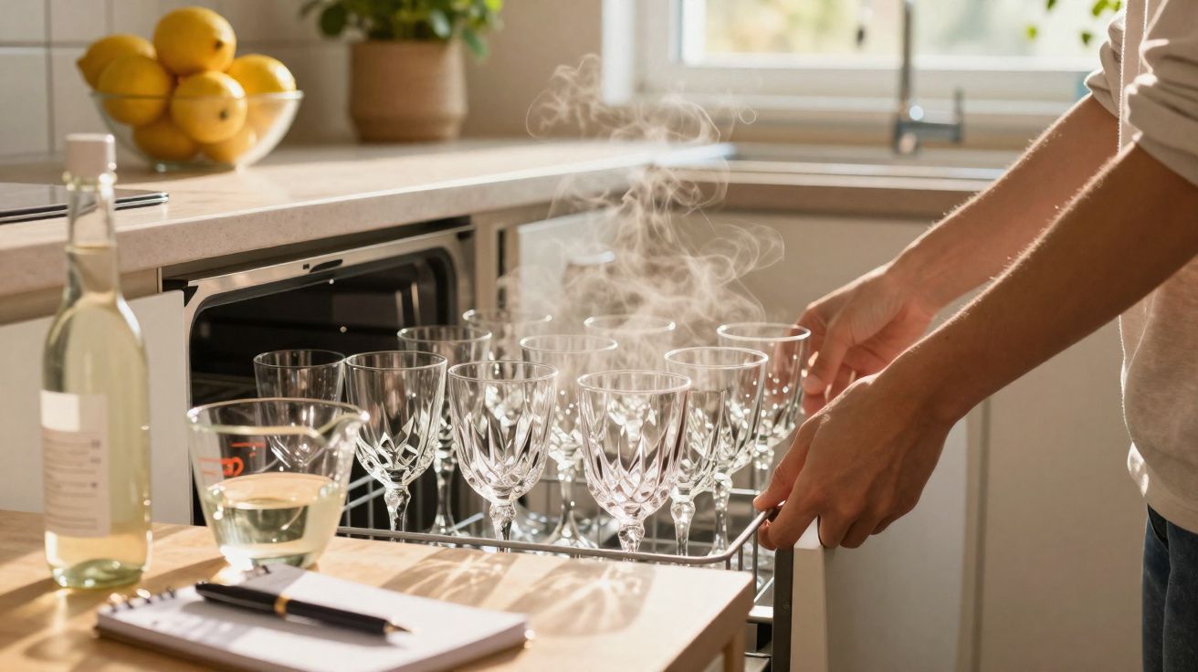 Person removing steaming crystal wine glasses from dishwasher in a bright kitchen with lemons on counter.