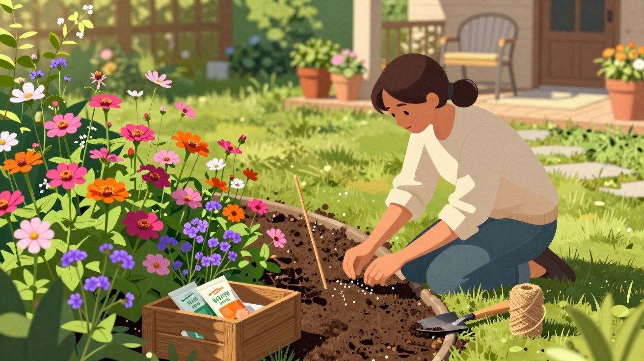 Woman planting seeds in a flower garden beside colourful blooming flowers on a sunny day.