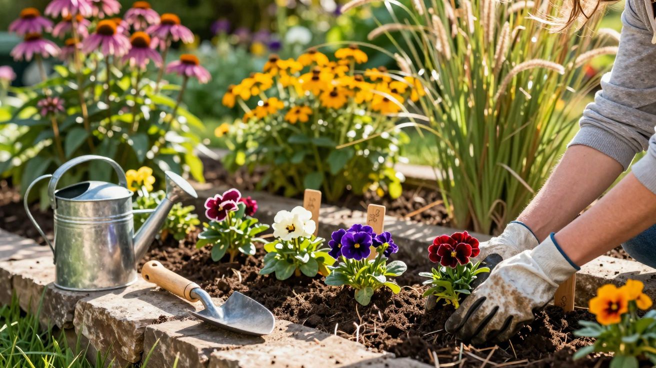 Person wearing gloves planting colourful pansies in a garden bed with a watering can and trowel nearby.