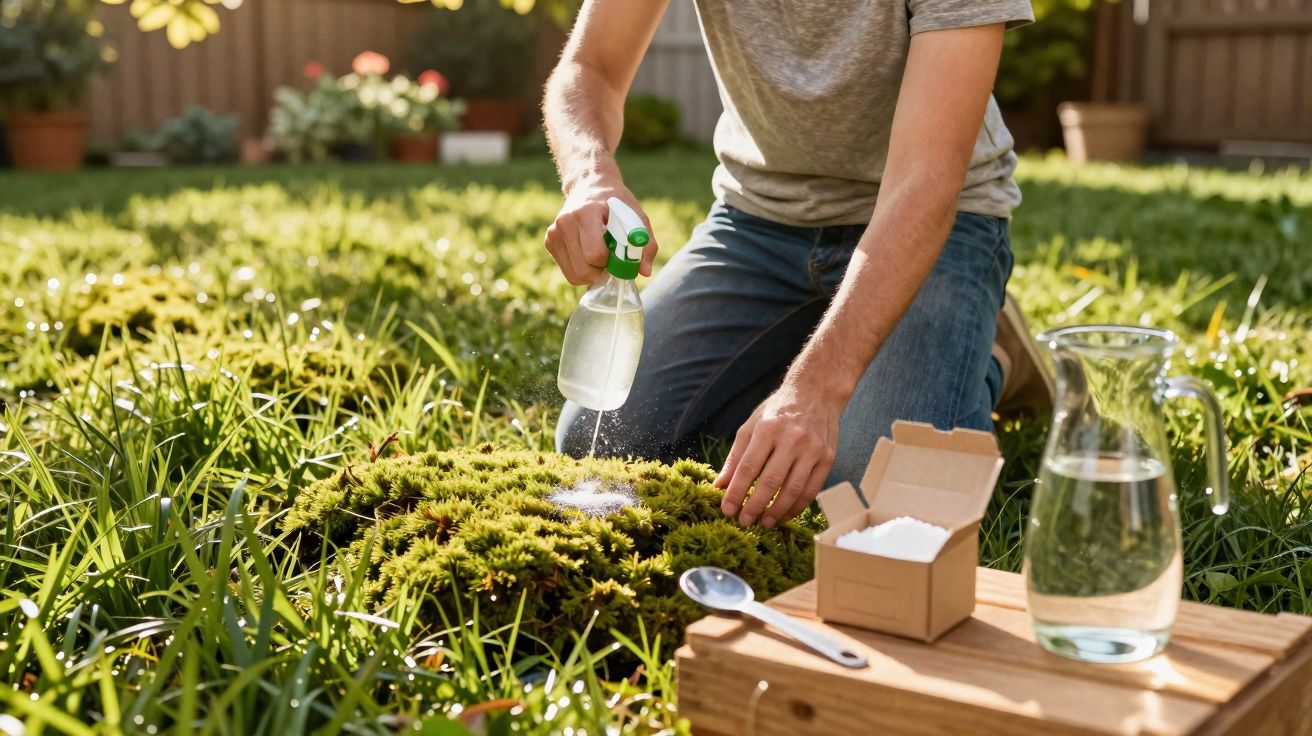 Person spraying liquid from a spray bottle onto moss in a garden with a box of powder and water jug nearby.
