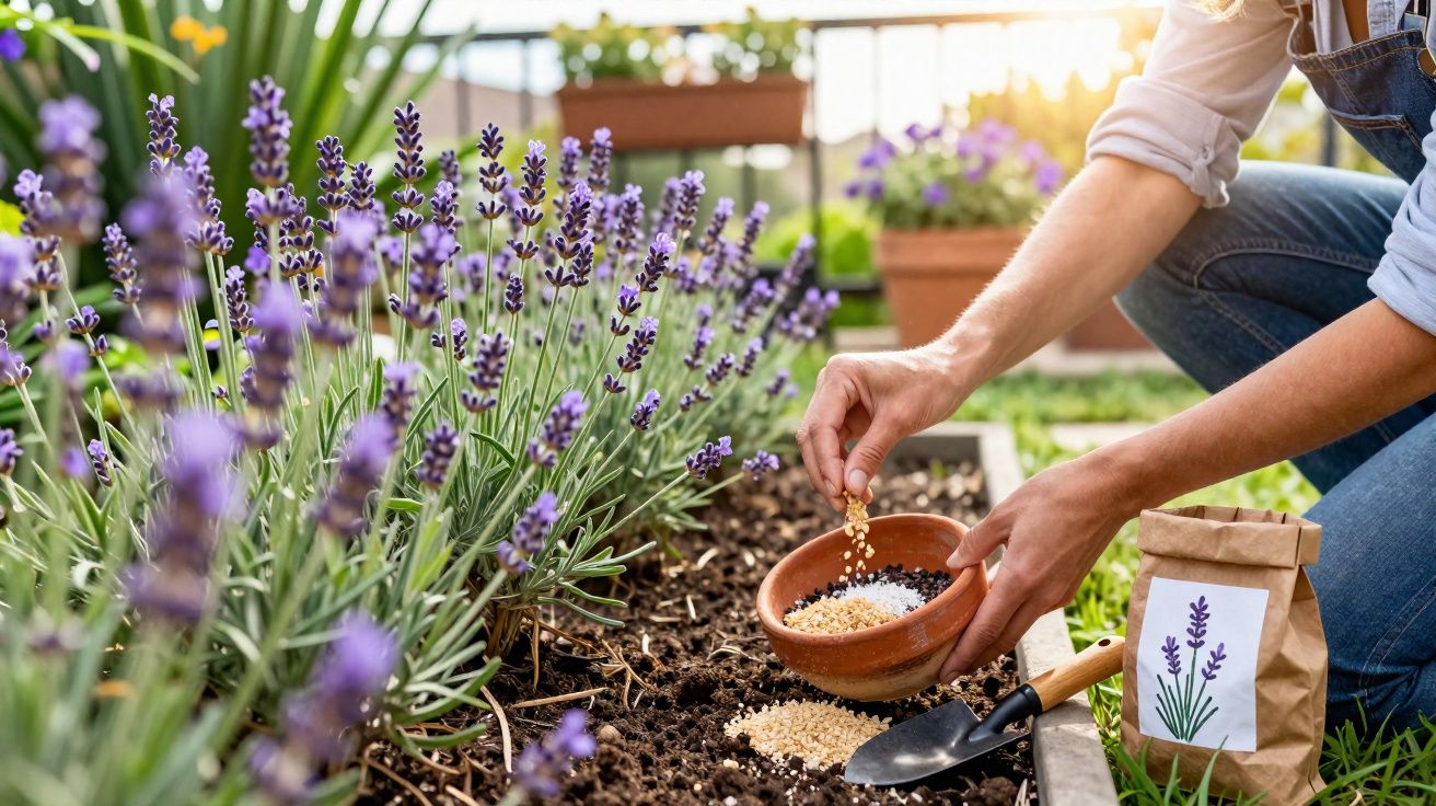 Person planting seeds beside blooming lavender plants in a sunlit garden bed with gardening tools nearby.