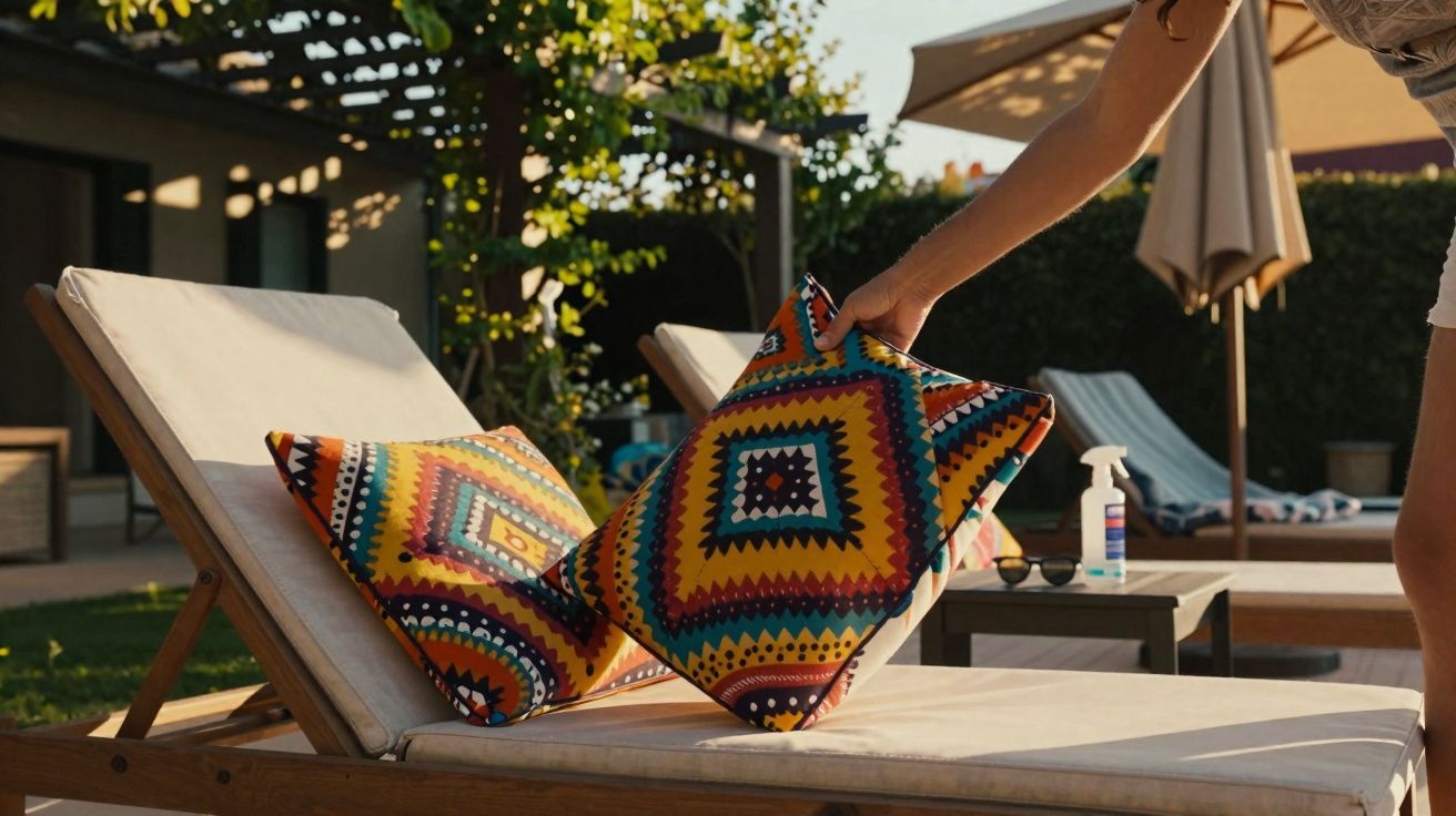 Person placing a colourful patterned cushion on a beige sun lounger outside near a swimming pool.
