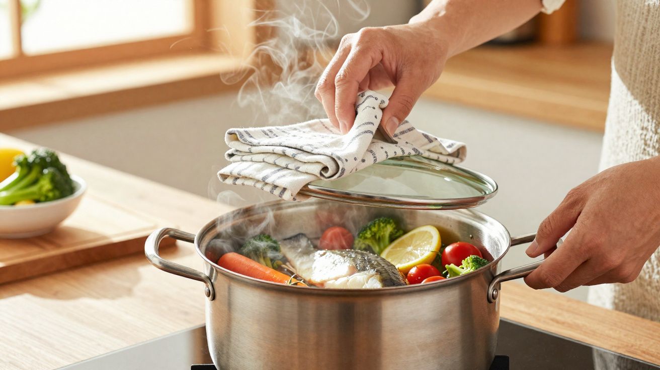 Steaming pot of fish, lemon, tomatoes, carrots, and broccoli being covered with a lid in a kitchen.