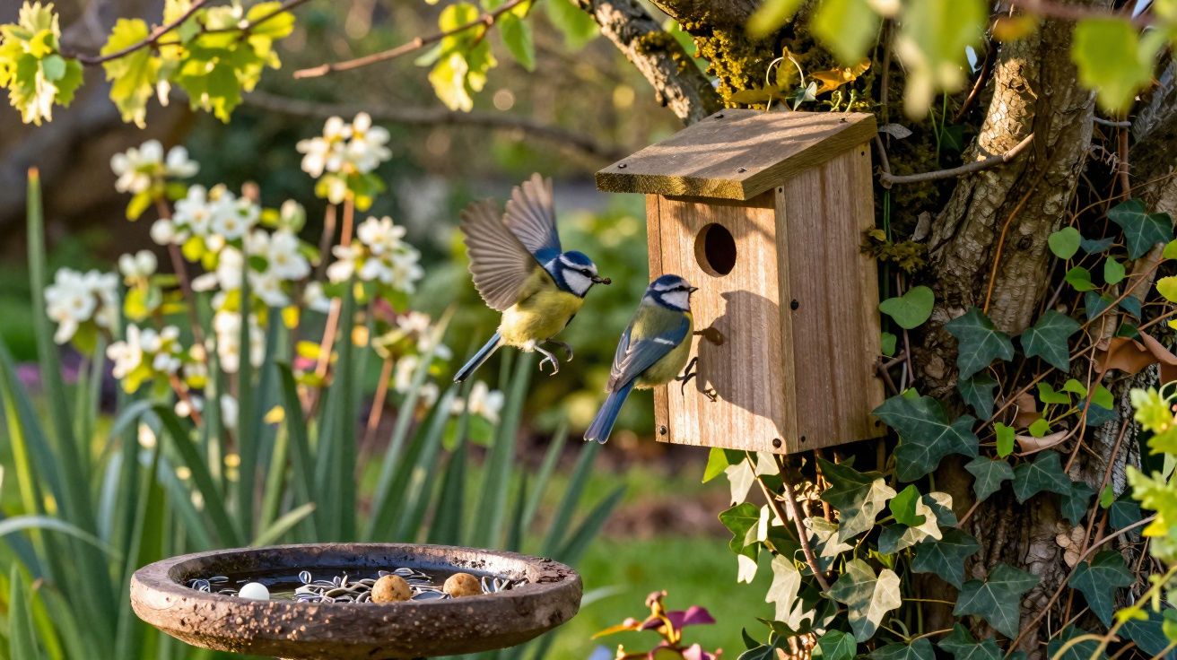 Two blue tits near a wooden birdhouse on a tree with a birdbath and white flowers nearby