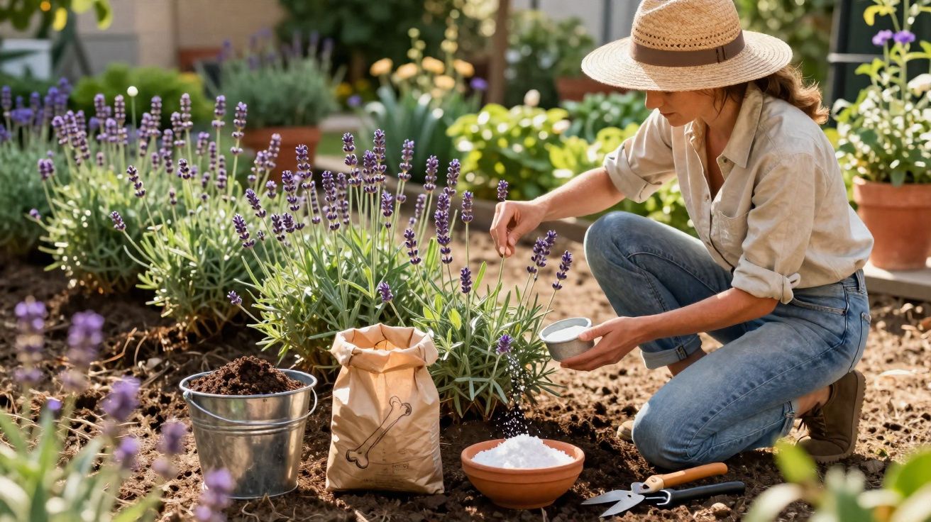 Woman in a hat tending lavender plants in a garden, holding a small bowl and sprinkling white powder fertilizer.