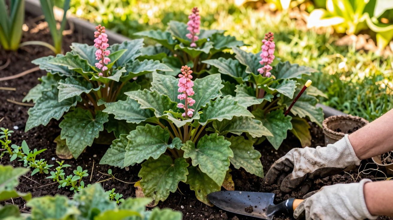 Hands wearing gardening gloves planting pink flowered plants with large green leaves in garden soil.