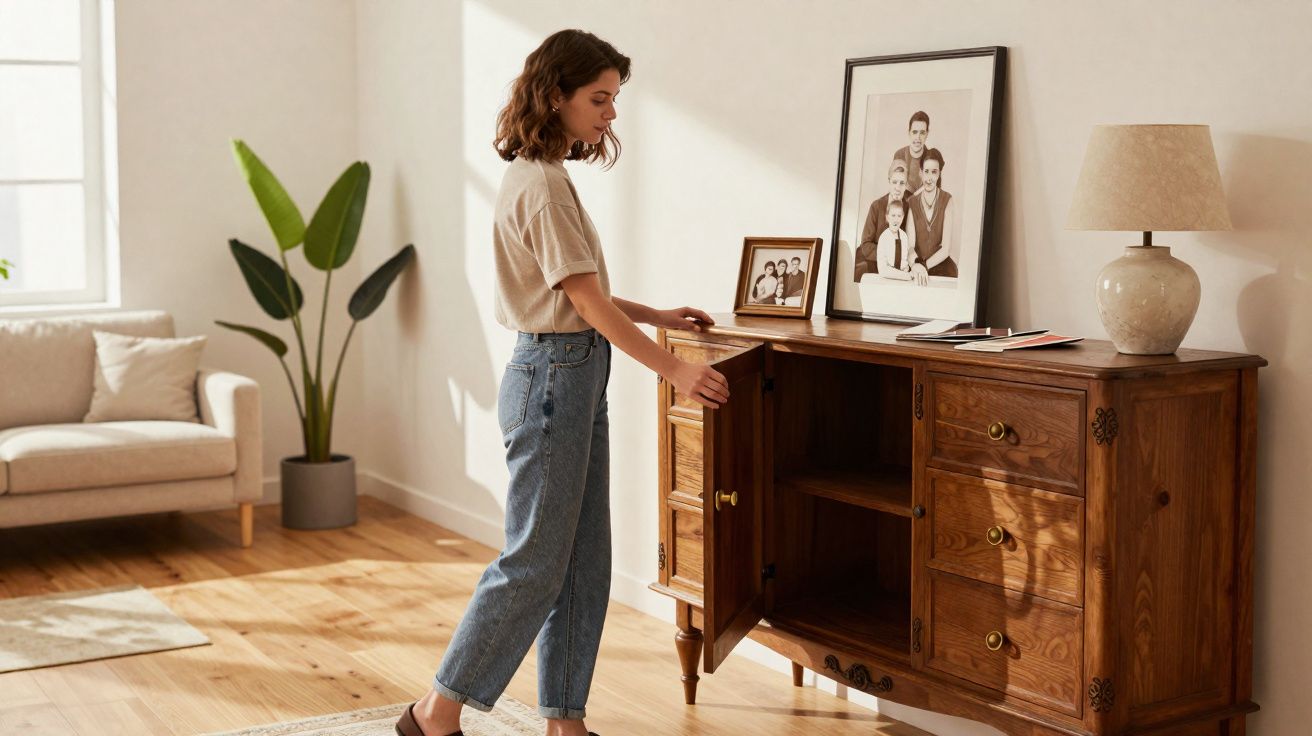 Woman opening wooden cabinet door in a bright living room with family photos and a lamp on top