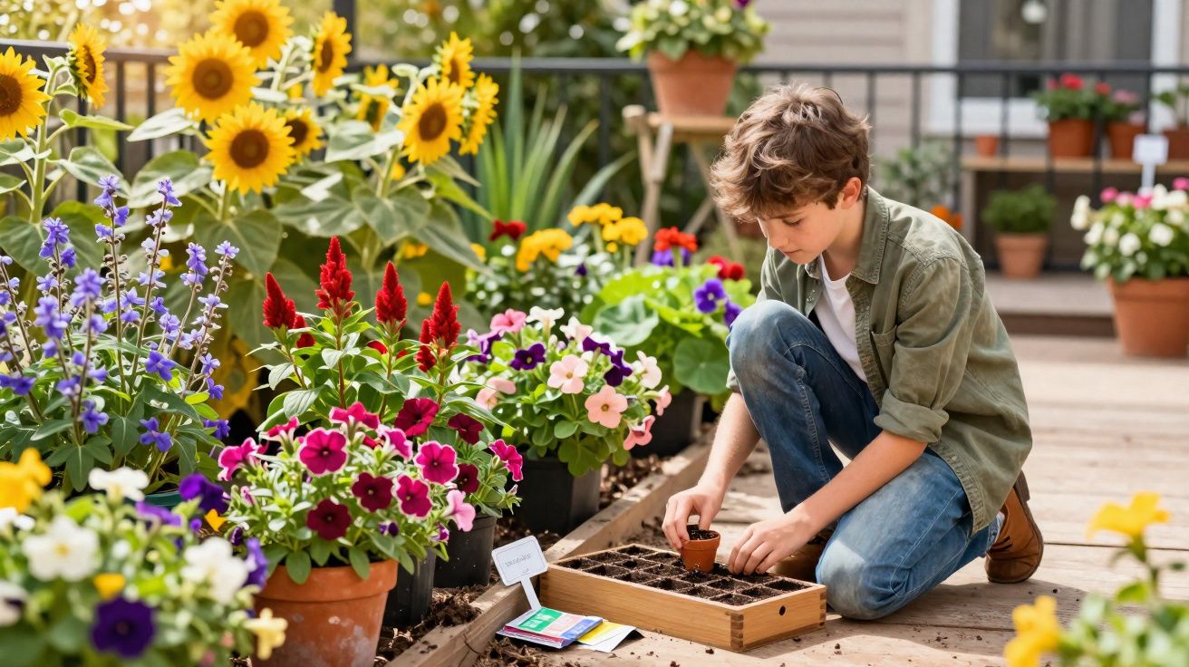 Young boy planting seeds in a wooden tray surrounded by colourful flowers on a patio garden.
