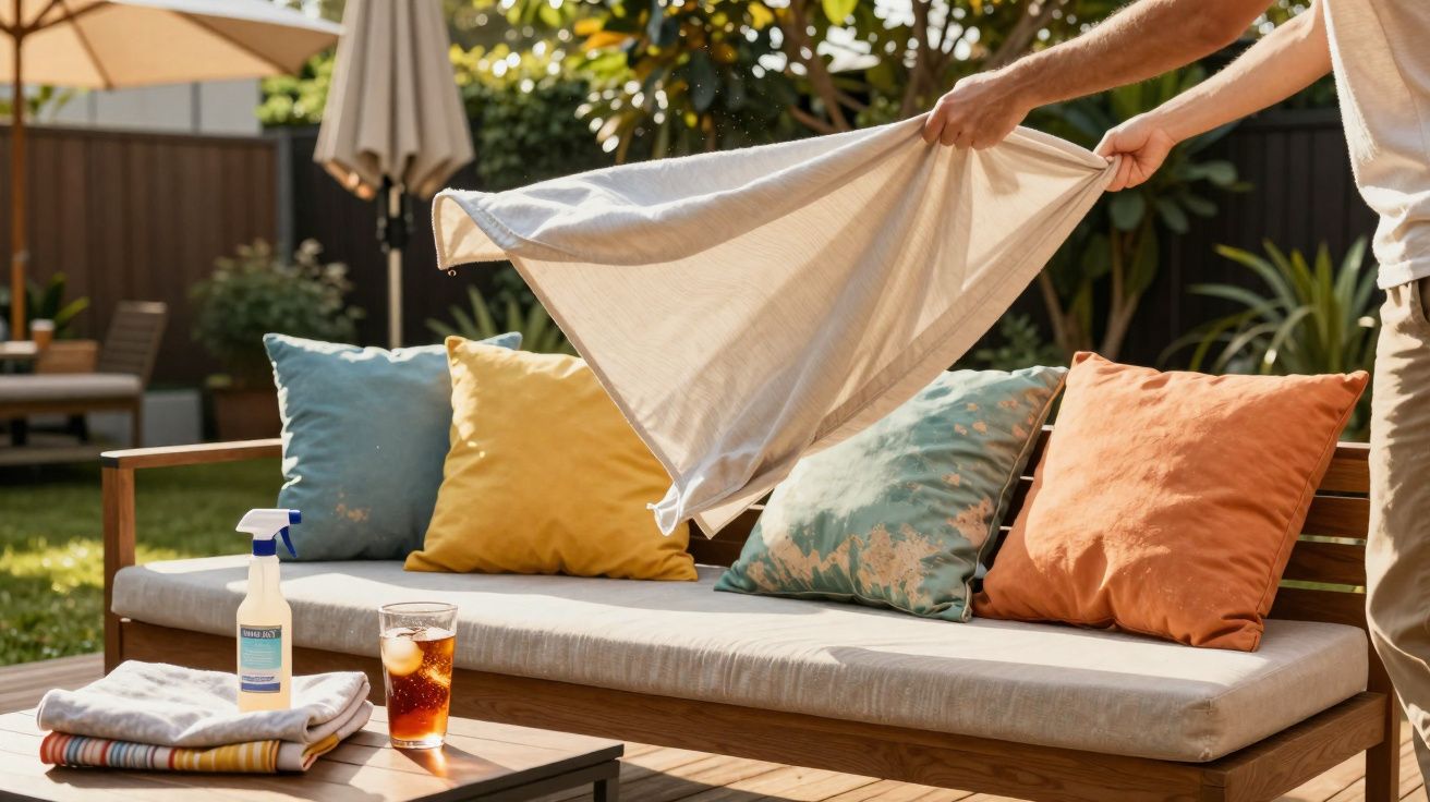Person placing a clean cloth over colourful cushions on a wooden garden bench in sunny backyard.