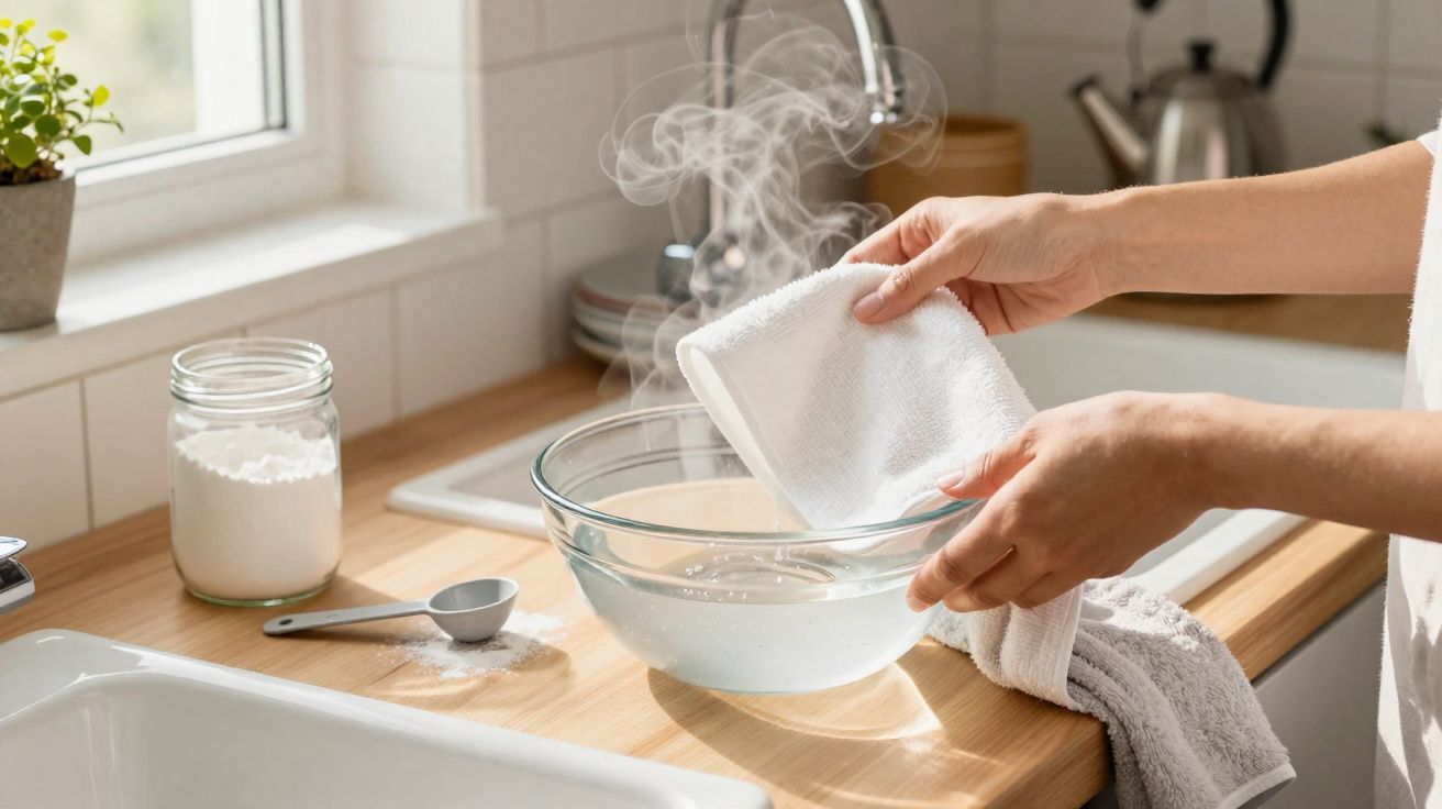 Hands holding a white towel over a steaming glass bowl filled with water on a kitchen countertop.