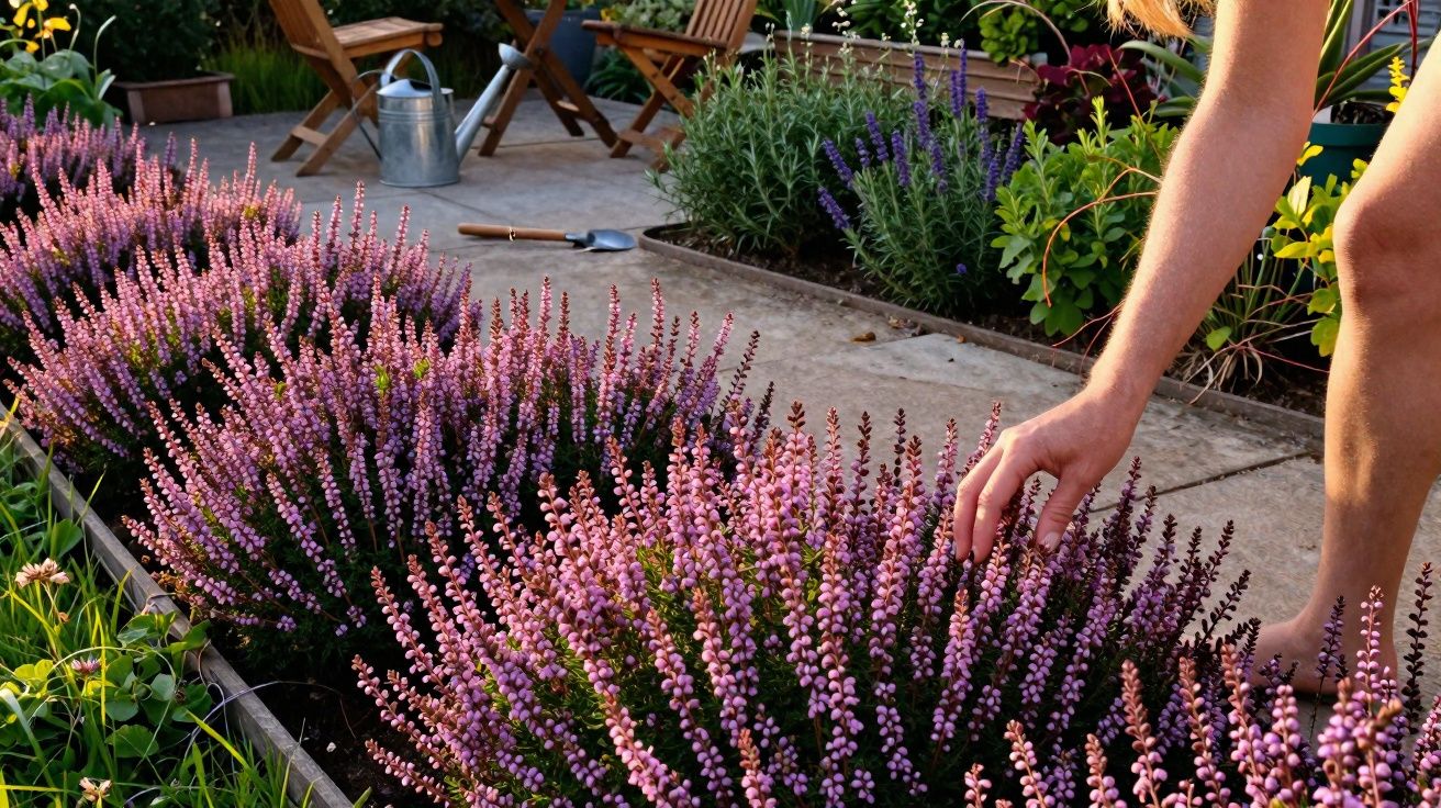 Person touching blooming purple heather plants in a garden with wooden chairs and gardening tools nearby.