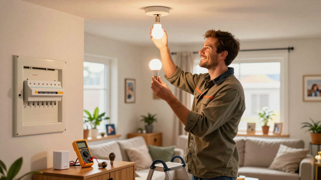 Man replacing a ceiling light bulb in a cosy, well-lit living room with tools on a nearby cabinet.