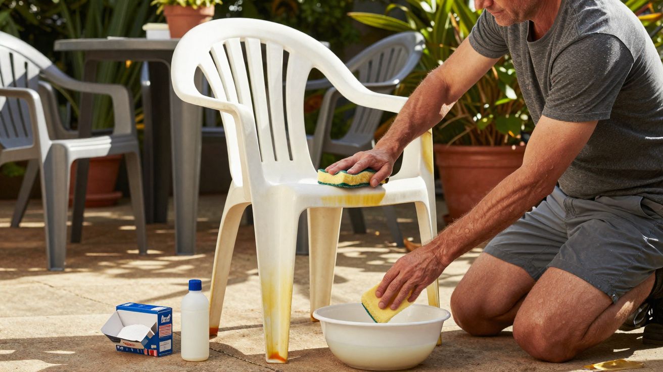 Man cleaning a yellow-stained white plastic chair outdoors with sponges and cleaning supplies nearby.