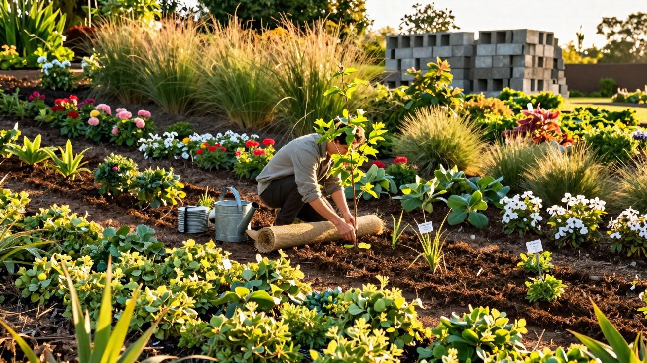 Person planting a young tree in a colourful, well-maintained garden with watering cans nearby in sunlight.