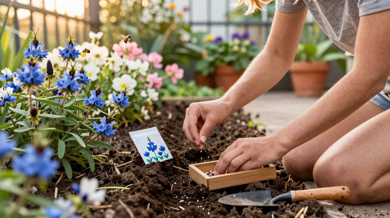 Person planting seeds in soil beside blue and white flowering plants in a garden bed on a sunny day.
