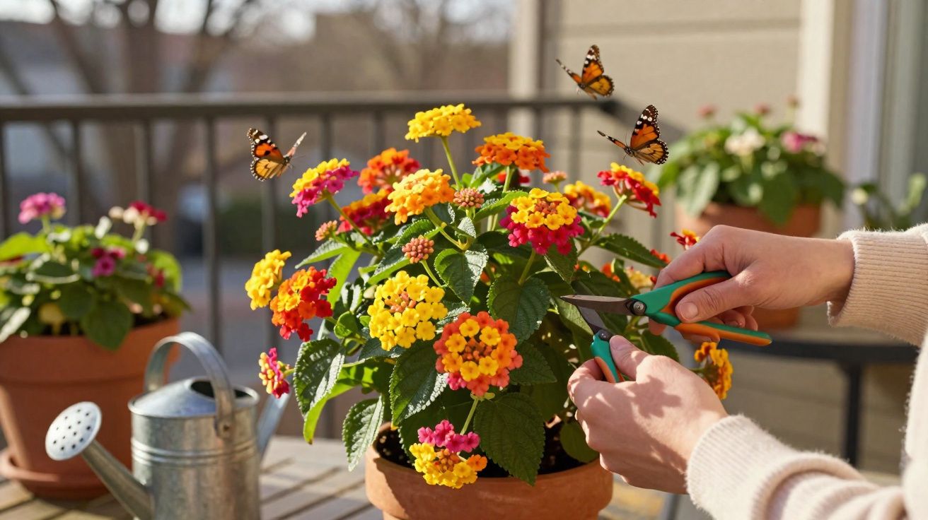 Hands pruning vibrant yellow and orange flowers in a pot with butterflies flying around on a sunny balcony.