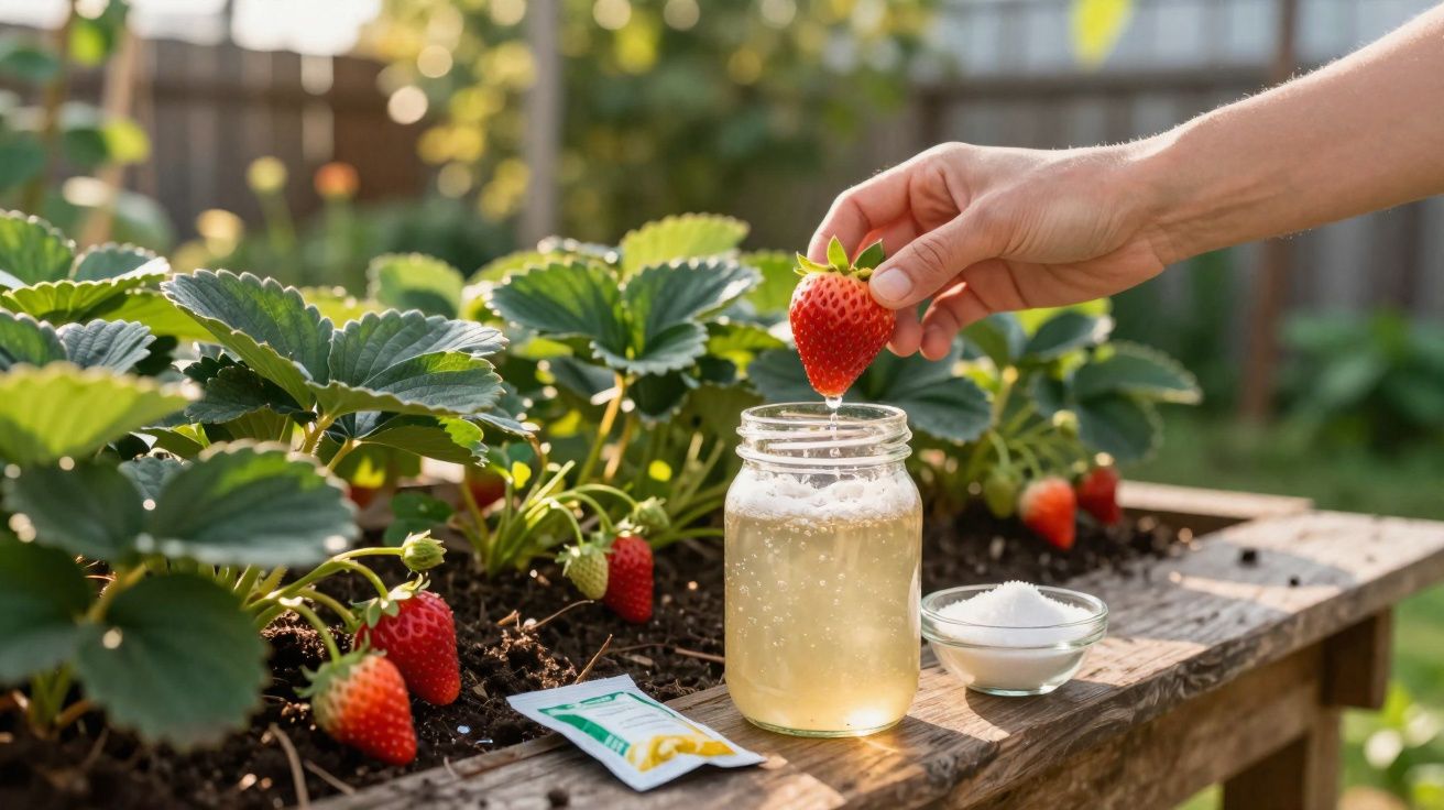 Hand dipping a fresh strawberry into a jar of sparkling drink on a wooden garden table next to strawberry plants.