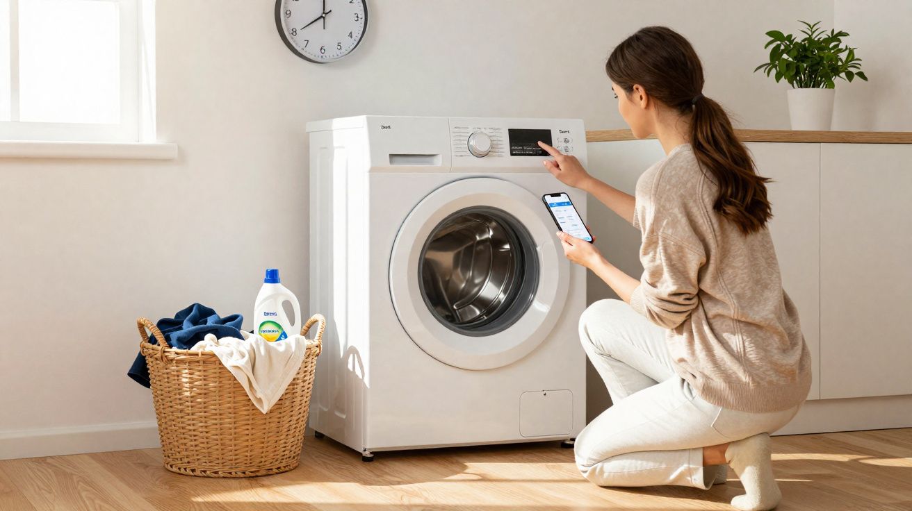 Woman kneeling by a washing machine, using the control panel while holding a smartphone in a bright laundry room.