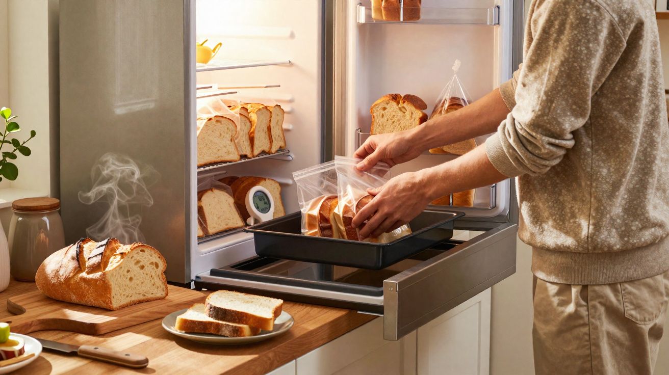 Person placing sliced bread in a plastic bag inside a bread storage drawer in a kitchen.