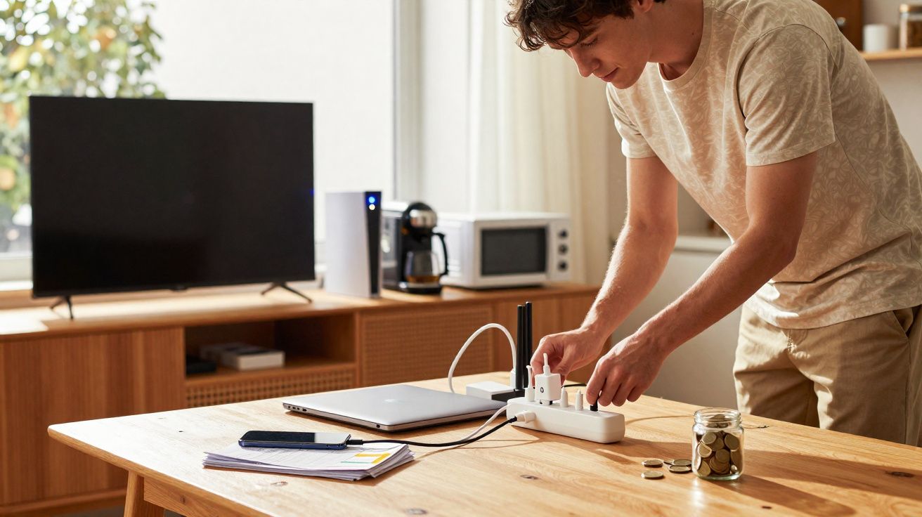 Young man plugging charger into power strip on wooden table with laptop and jar of coins in bright room