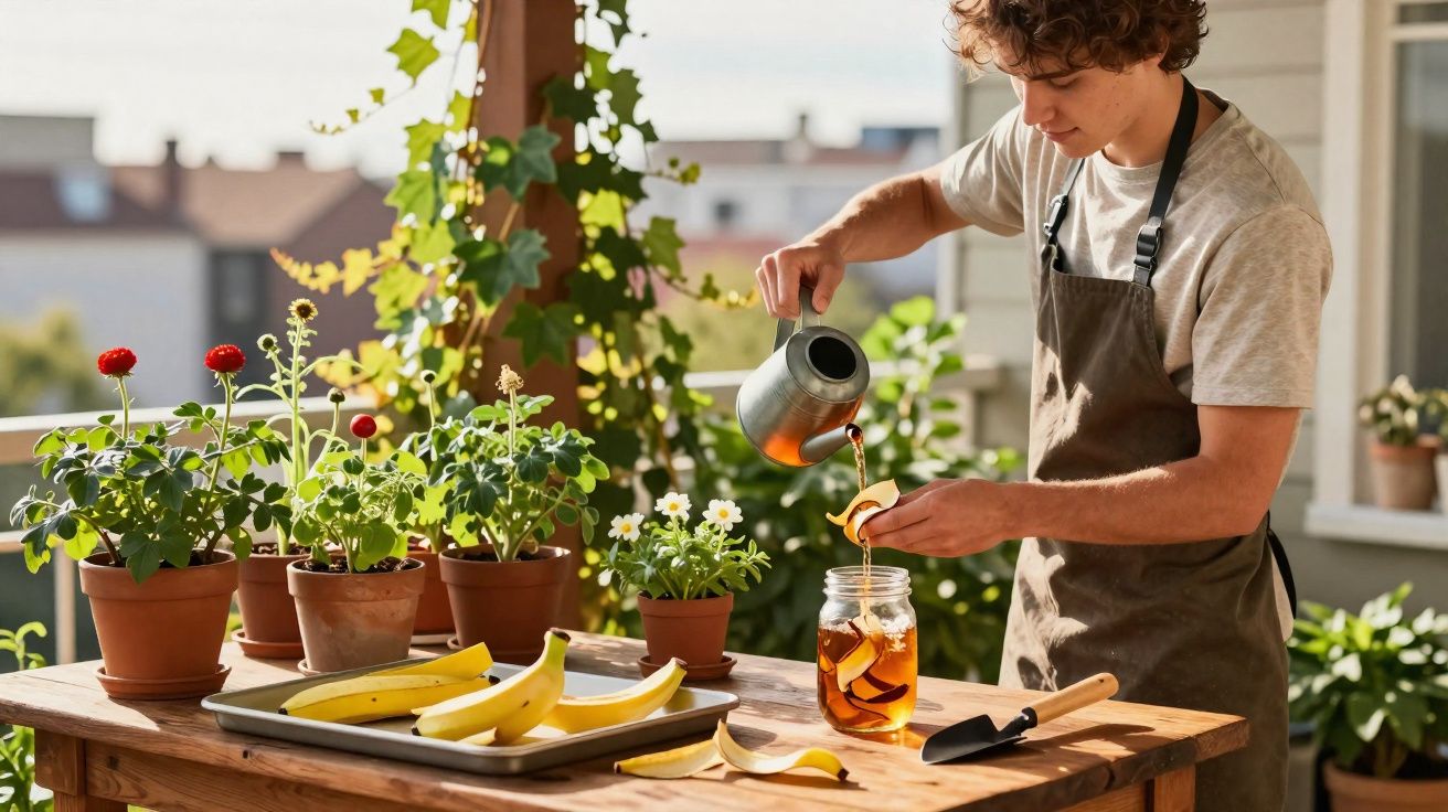 Young man wearing an apron pouring tea into a glass jar on a wooden table with bananas and potted plants.