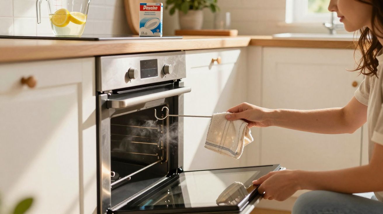 Person using a cloth to remove a hot tray from a steaming oven in a bright kitchen.