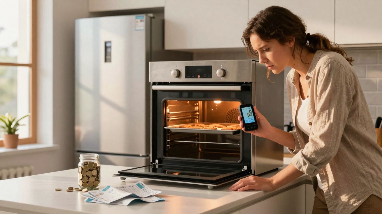 Woman checking a cooking timer while baking cookies in a modern kitchen oven.