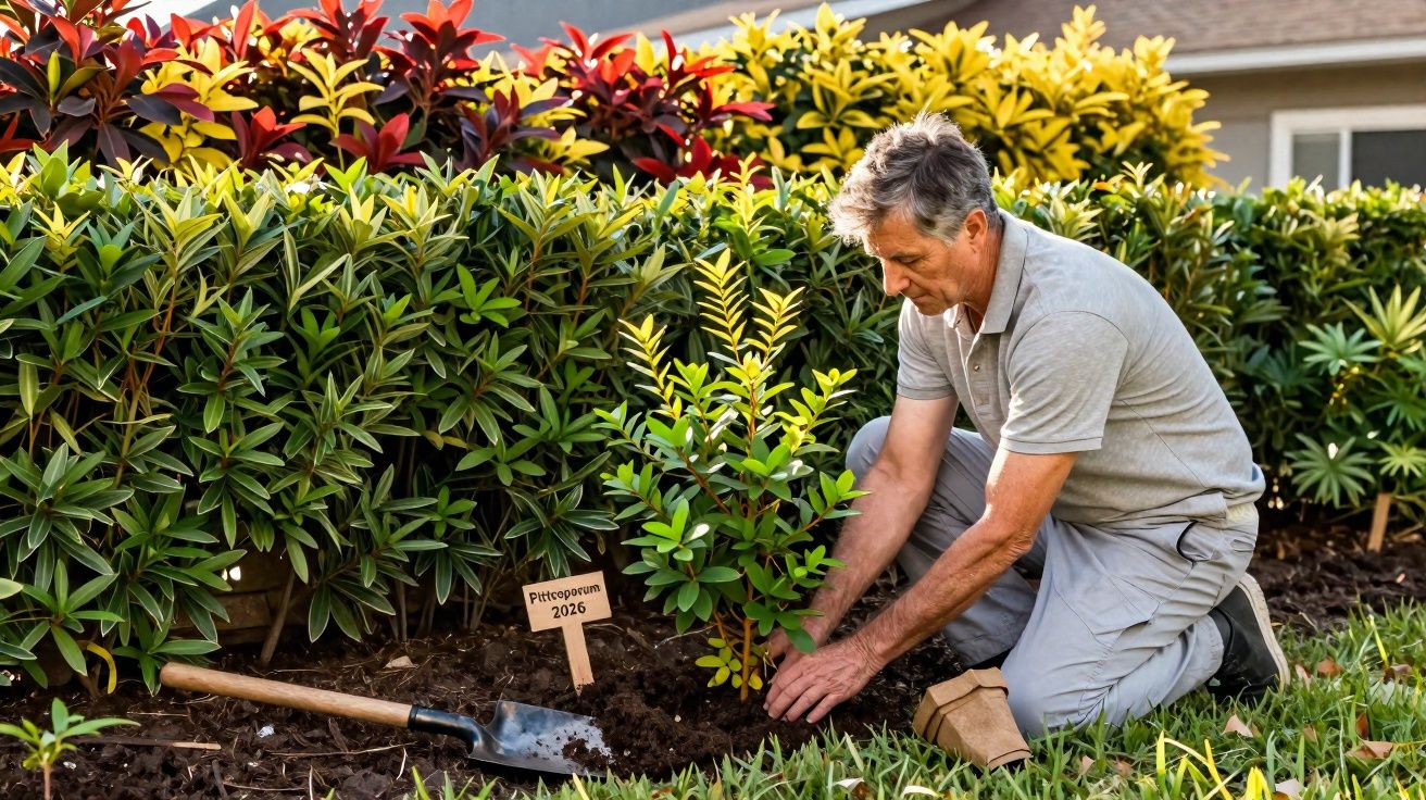 Man kneeling in garden planting a young Pittosporum shrub with a spade and labelled sign.