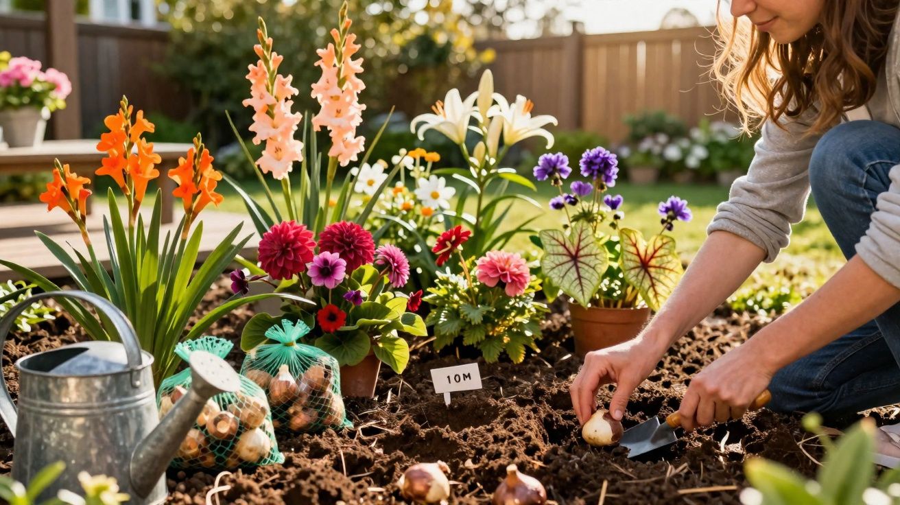Person planting flower bulbs in a garden bed surrounded by colourful blooming flowers and gardening tools.