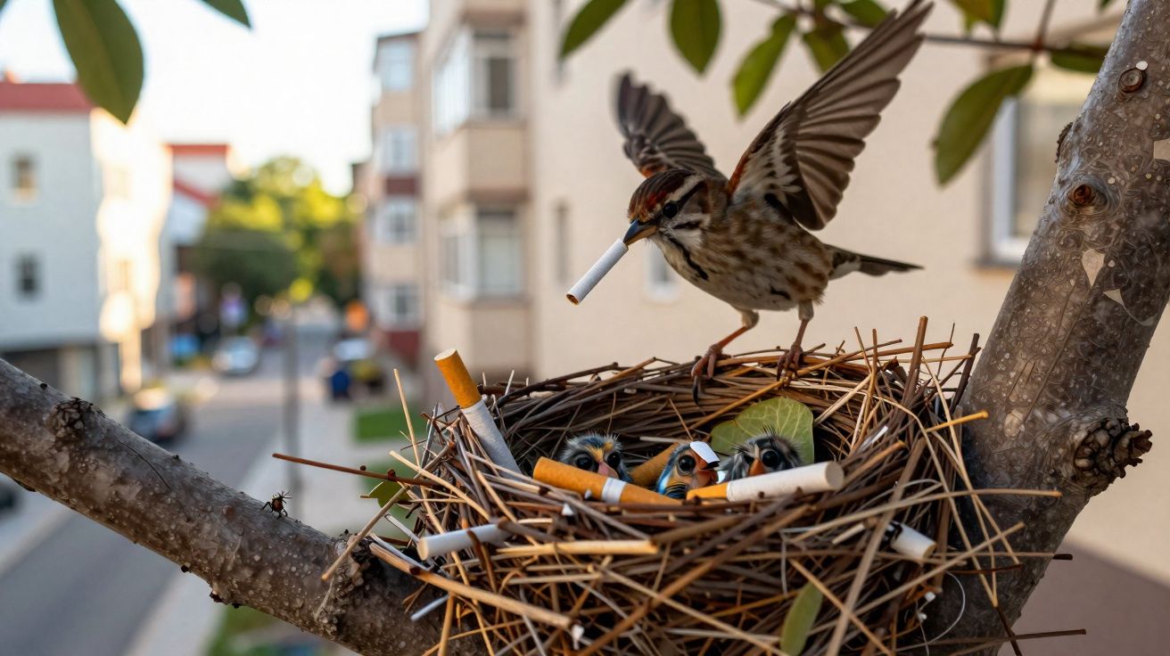 Sparrow feeding chicks in a nest filled with cigarette butts on a tree branch in an urban area.
