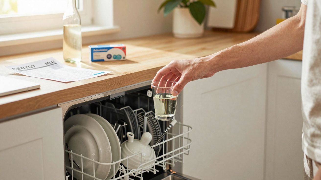 Person loading a glass of white wine into a dishwasher in a modern kitchen.