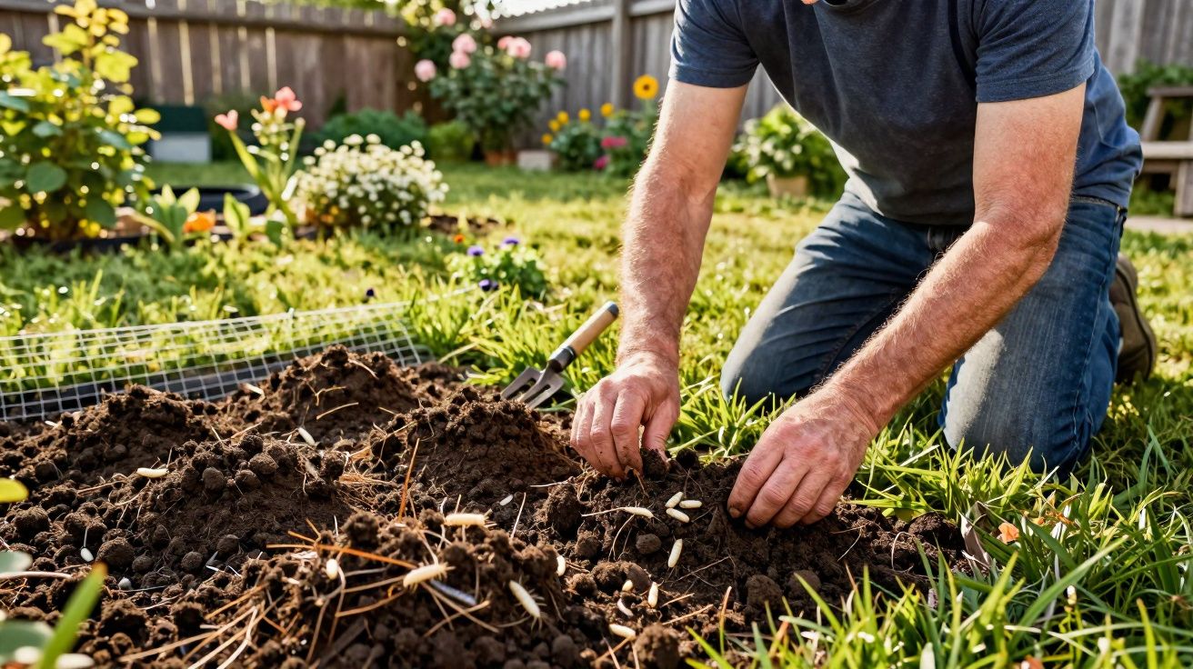 A person kneeling in a garden planting seeds in freshly turned soil with a small gardening fork nearby.