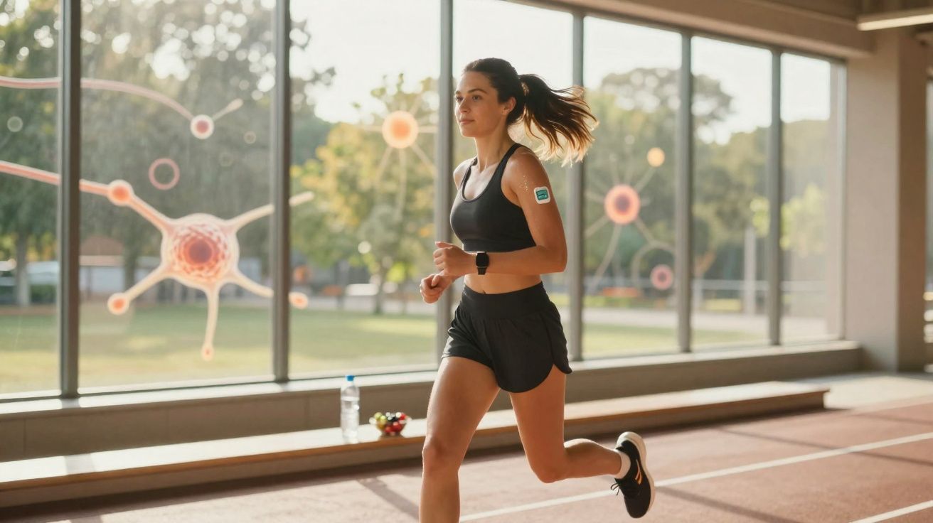 Woman running indoors near large windows with scientific neuron illustrations in the background.