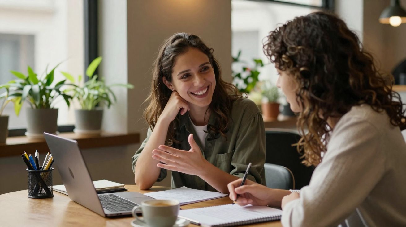 Two women engaged in a friendly discussion at a table with a laptop and notebooks in a bright office.