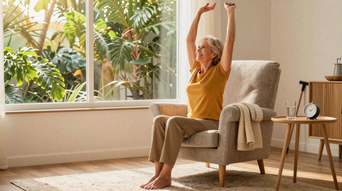 Elderly woman stretching arms while sitting barefoot in a cosy armchair by a large window with plants outside.