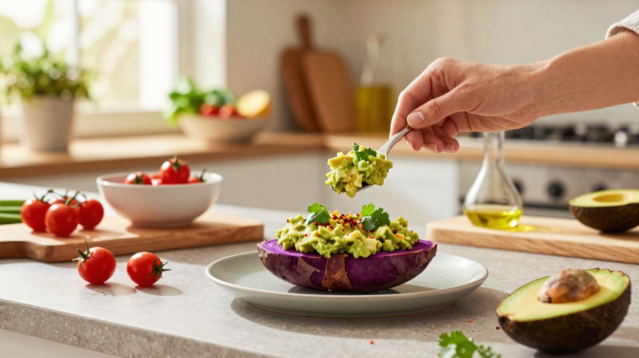 Hand adding guacamole to a halved purple sweet potato on a plate in a kitchen setting.