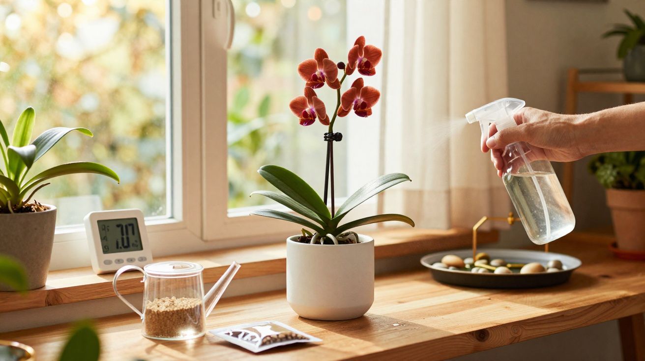 Hand spraying water on a blooming orchid on a wooden windowsill with plants and gardening tools nearby.