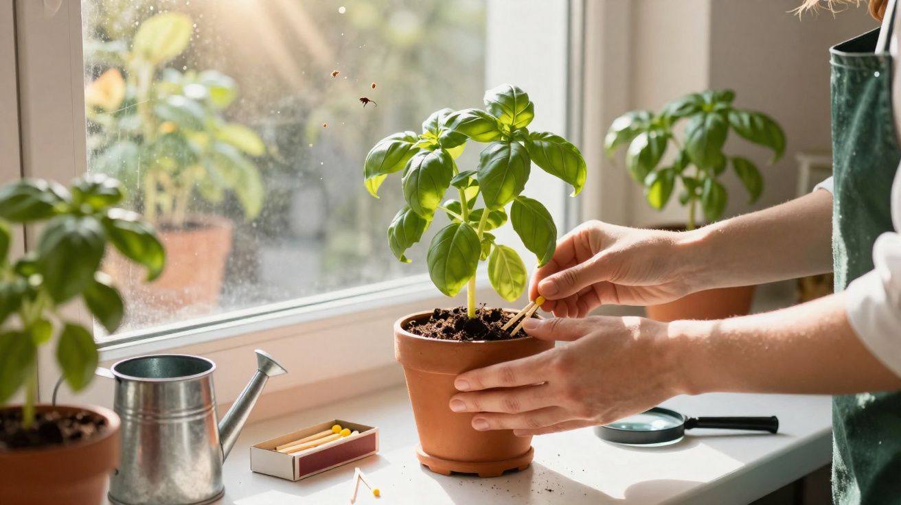 Hands tending to a basil plant in a terracotta pot on a sunny windowsill with gardening tools nearby.