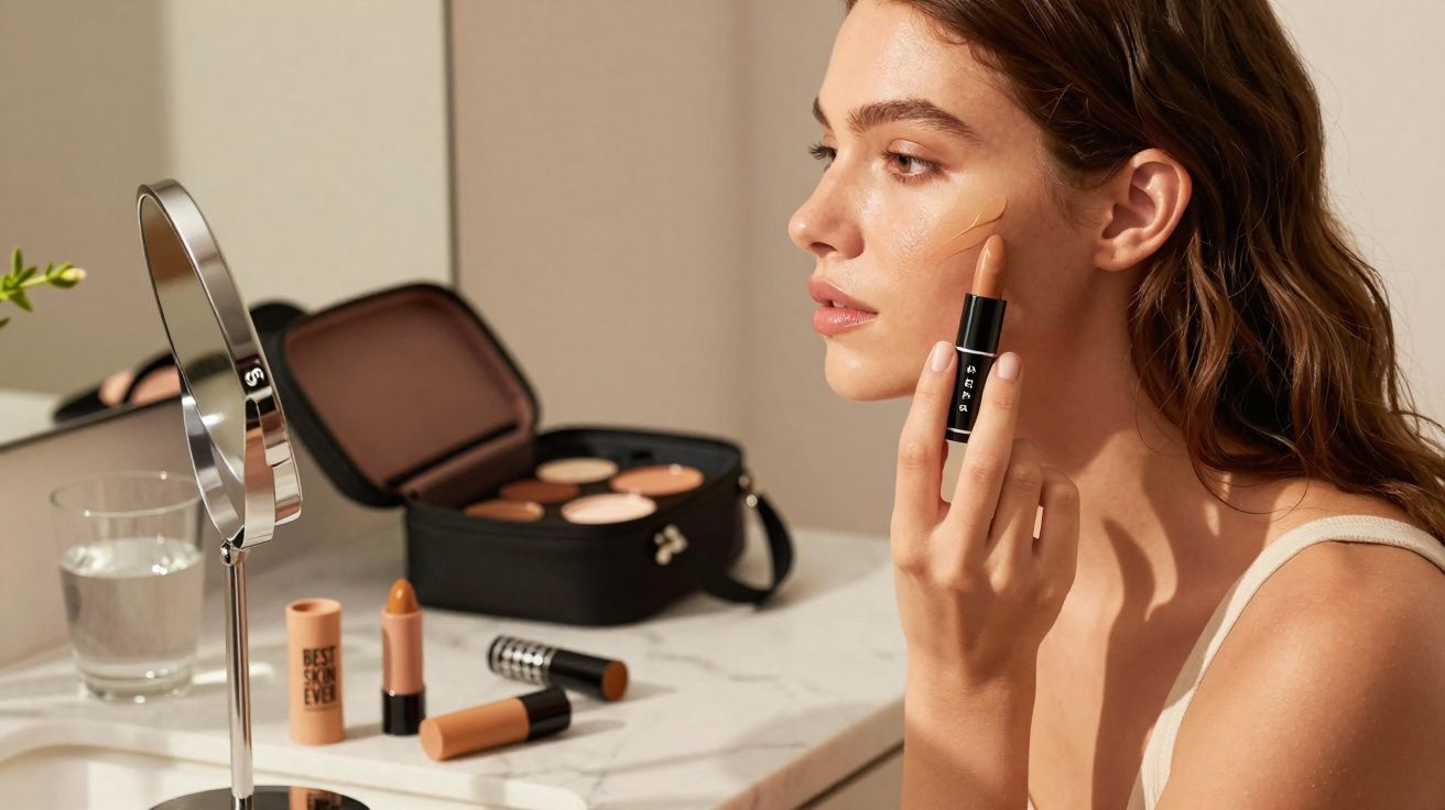 Woman applying foundation stick to her cheek in front of a mirror on a bathroom counter with makeup products.