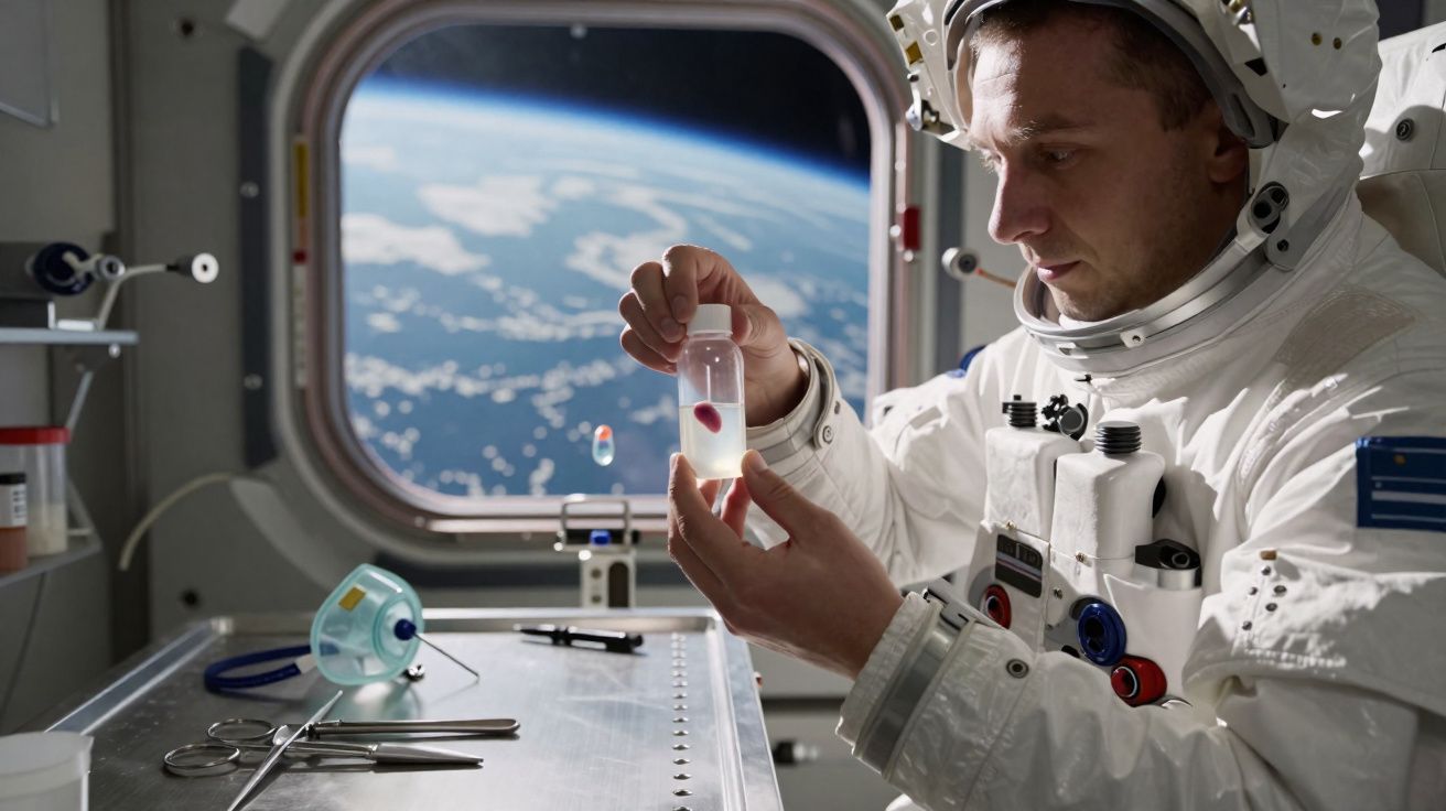 Astronaut in spacesuit examining a vial with a specimen inside a spacecraft with Earth visible through the window.